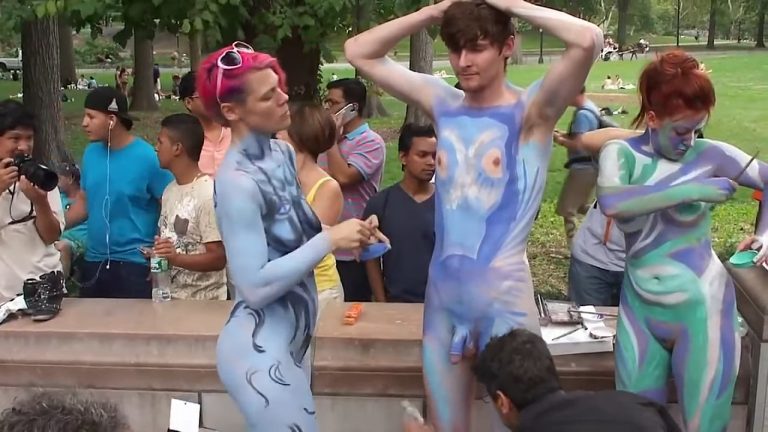 YouTube penis video: Nude body painting in public